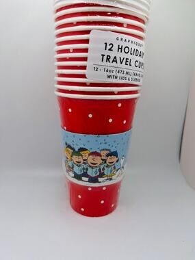 12 Holiday Travel Cups With Lids & Sleeves - 16oz Peanuts Christmas Design